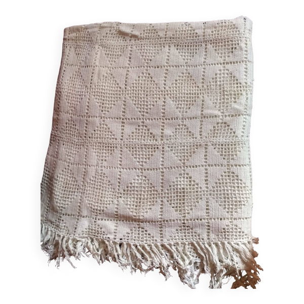 Dessus de lit en coton blanc , Ancien jeté de lit en crochet , couvre lit coton blanc