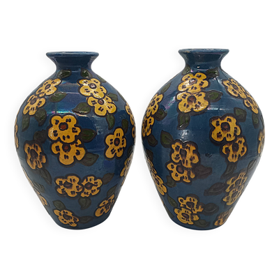 Paire de Grands Vases Art Déco Émile Simonod H28cm Céramique Émaillée Bleu