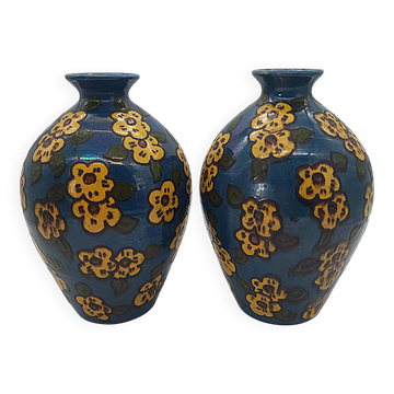 Paire de Grands Vases Art Déco Émile Simonod H28cm Céramique Émaillée Bleu