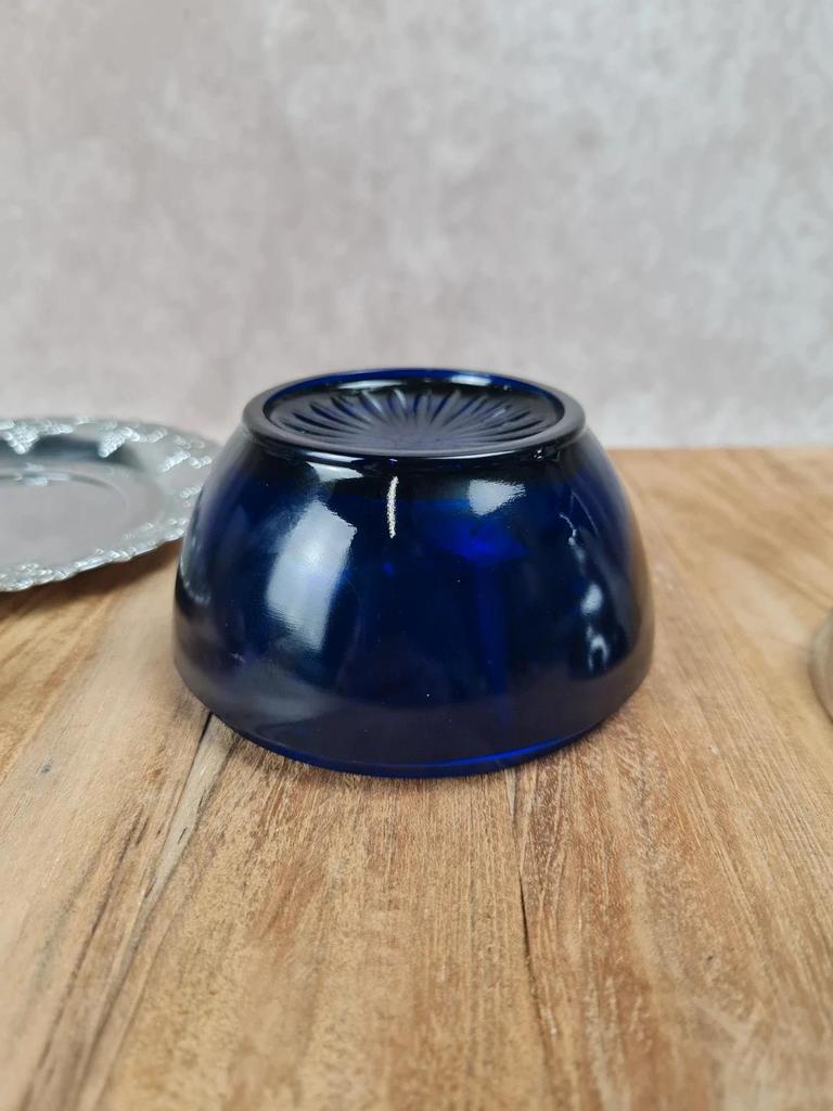 Vintage cobalt sugar bowl & chrome metal – pear shape