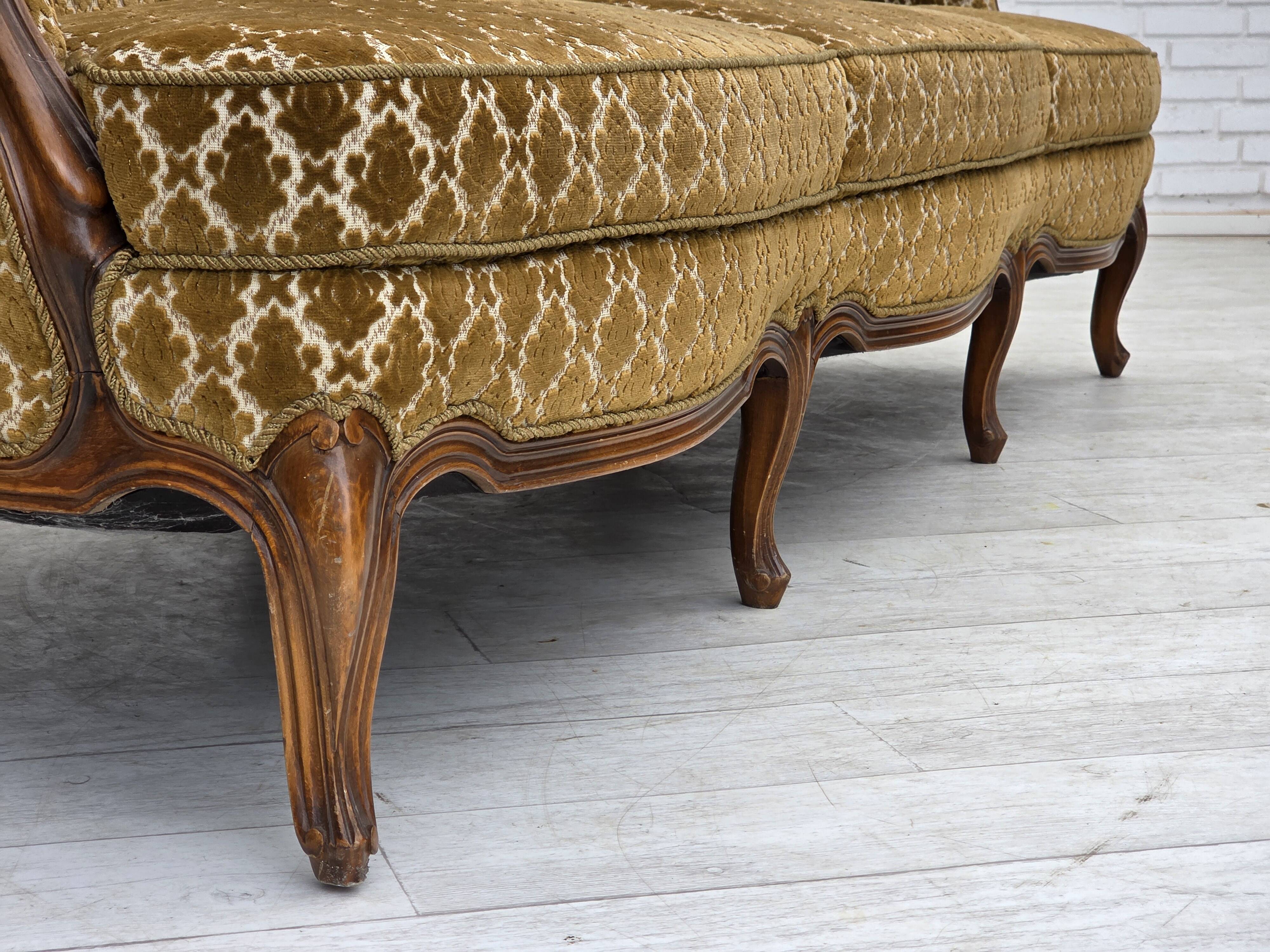 1950s, Danish 3-seater sofa, furniture velour, carved ash wood.