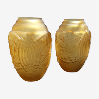 Pair of art deco amber vase pressed glass