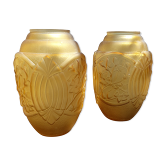 Pair of art deco amber vase pressed glass
