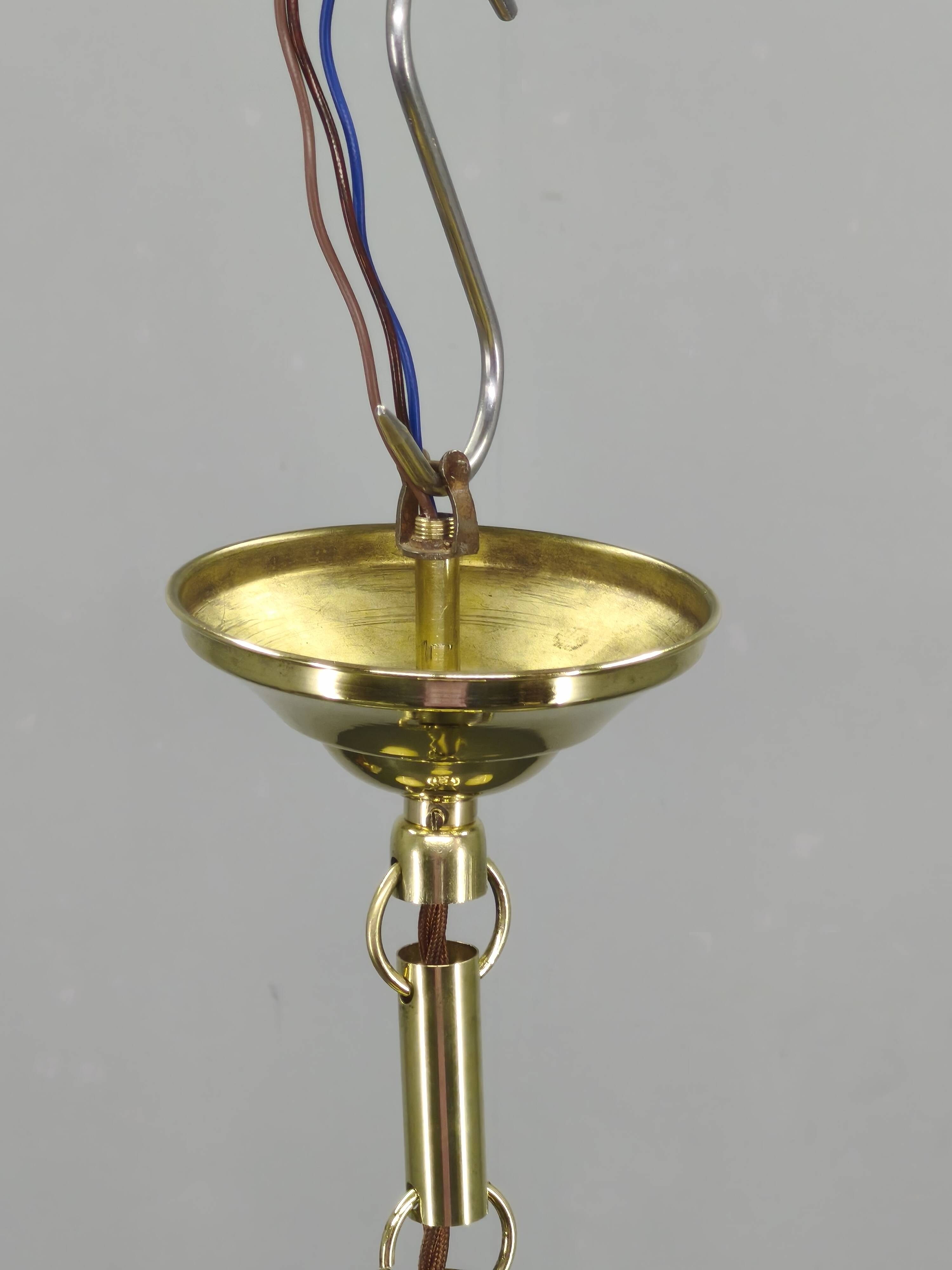 Art Deco Brass and Opaline Glass Chandelier, 1930s