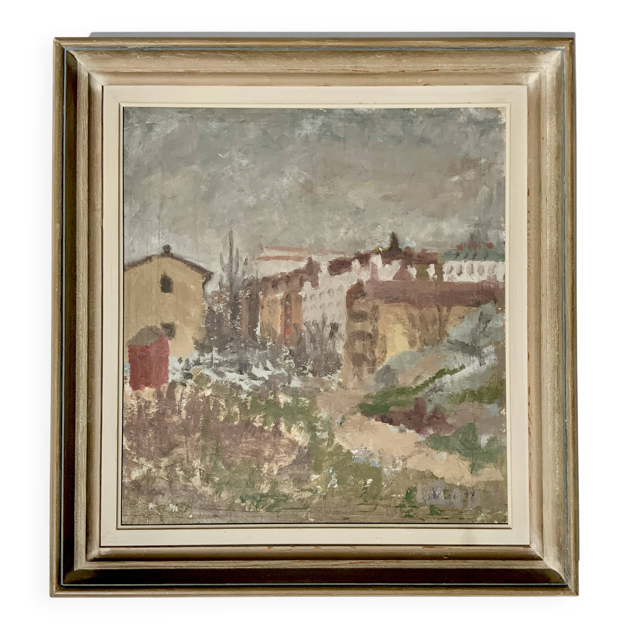 Vintage Impressionist Cityscape Scene Oil Painting Signed by Artist 1947