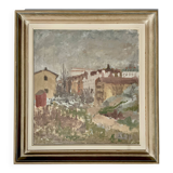 Peinture à l'huile vintage impressionniste représentant un paysage urbain signée par l'artiste 1947