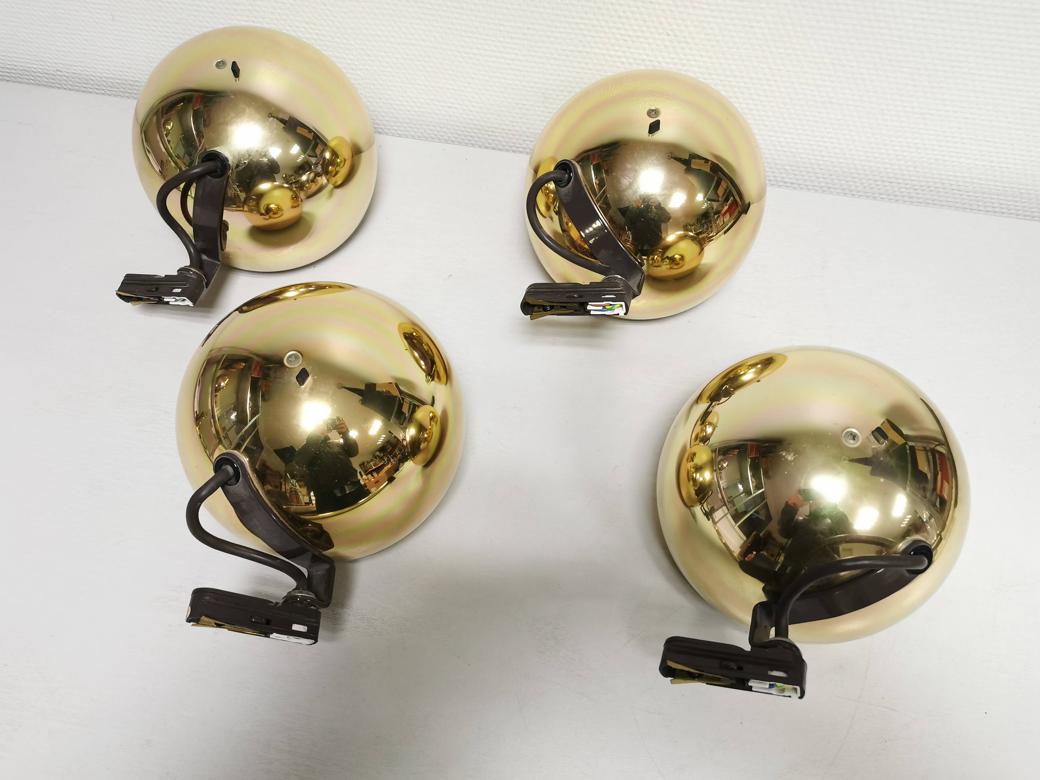 4 large golden ball spots, space age 60 70's. concord wall light on rails