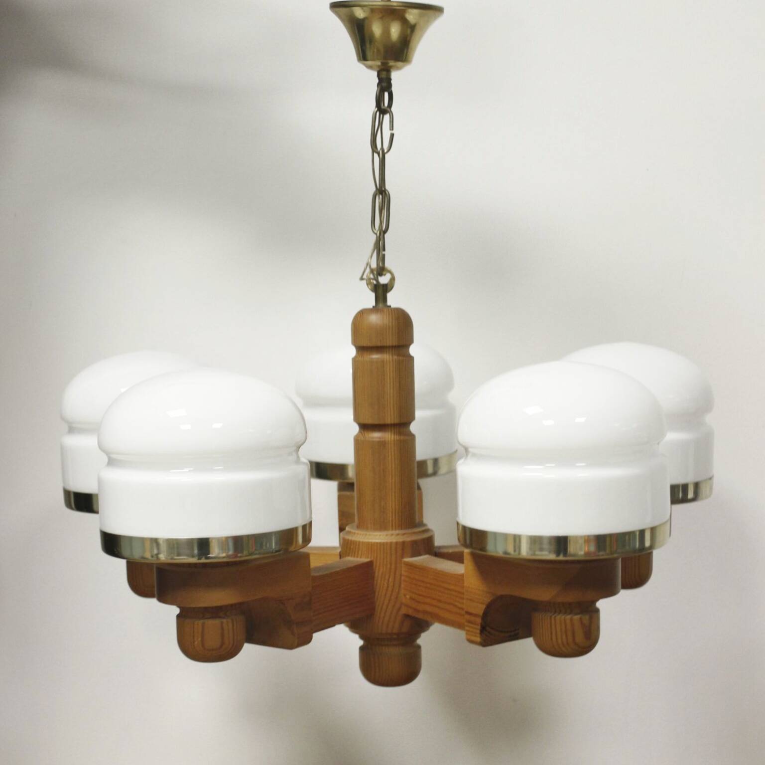 Scandinavian pine & opaline chandelier by Jan Wickelgren for Aneta Sweden, 1970s