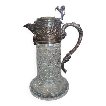 Importante carafe à vin en cristal taillé et argent massif 925/1000, maison Topázio