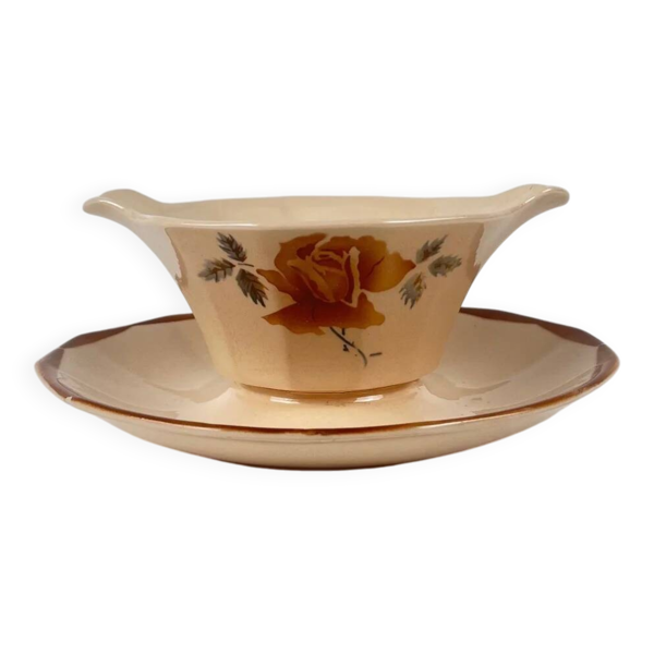 Saucière Digoin - Sarreguemines, motif rose, première moitié du XXe siècle