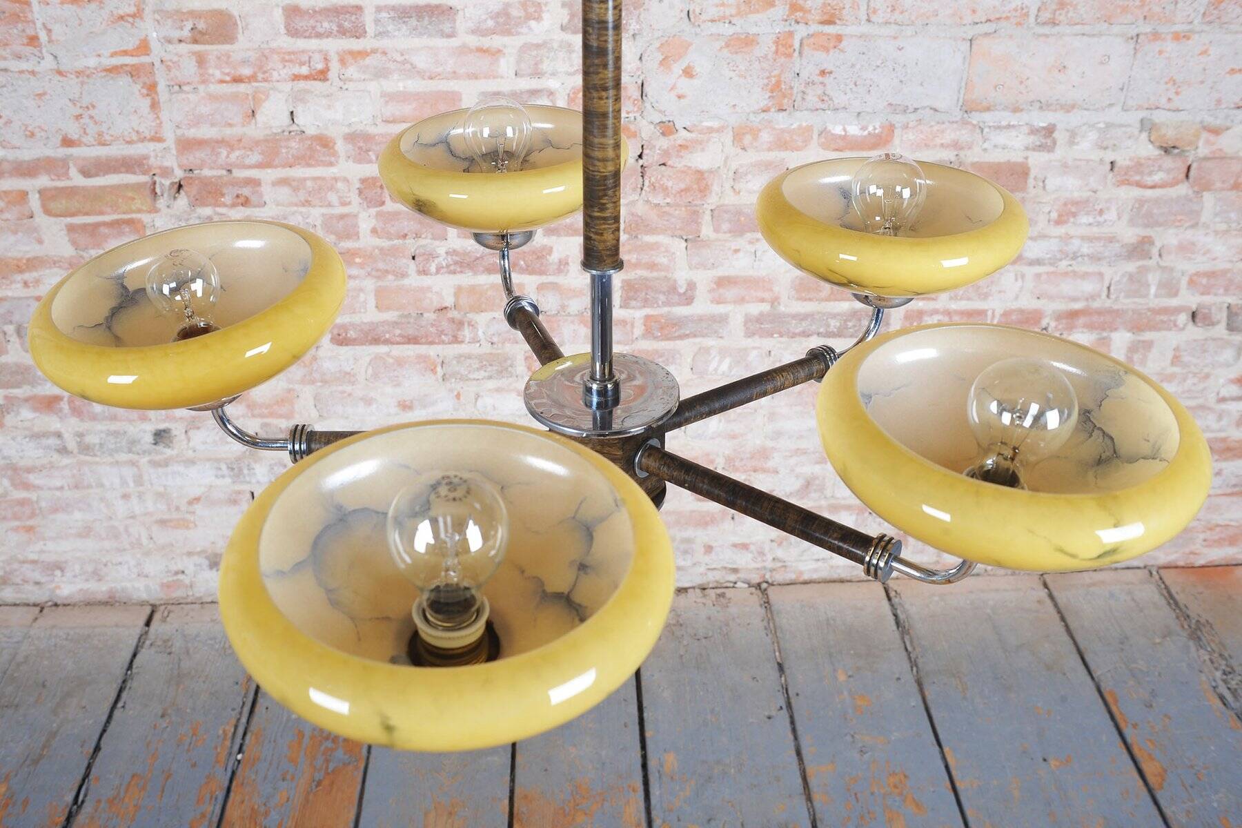 Art Deco Chandelier in Chrome, Beech, Walnut and Glass, Czech, 1920s
