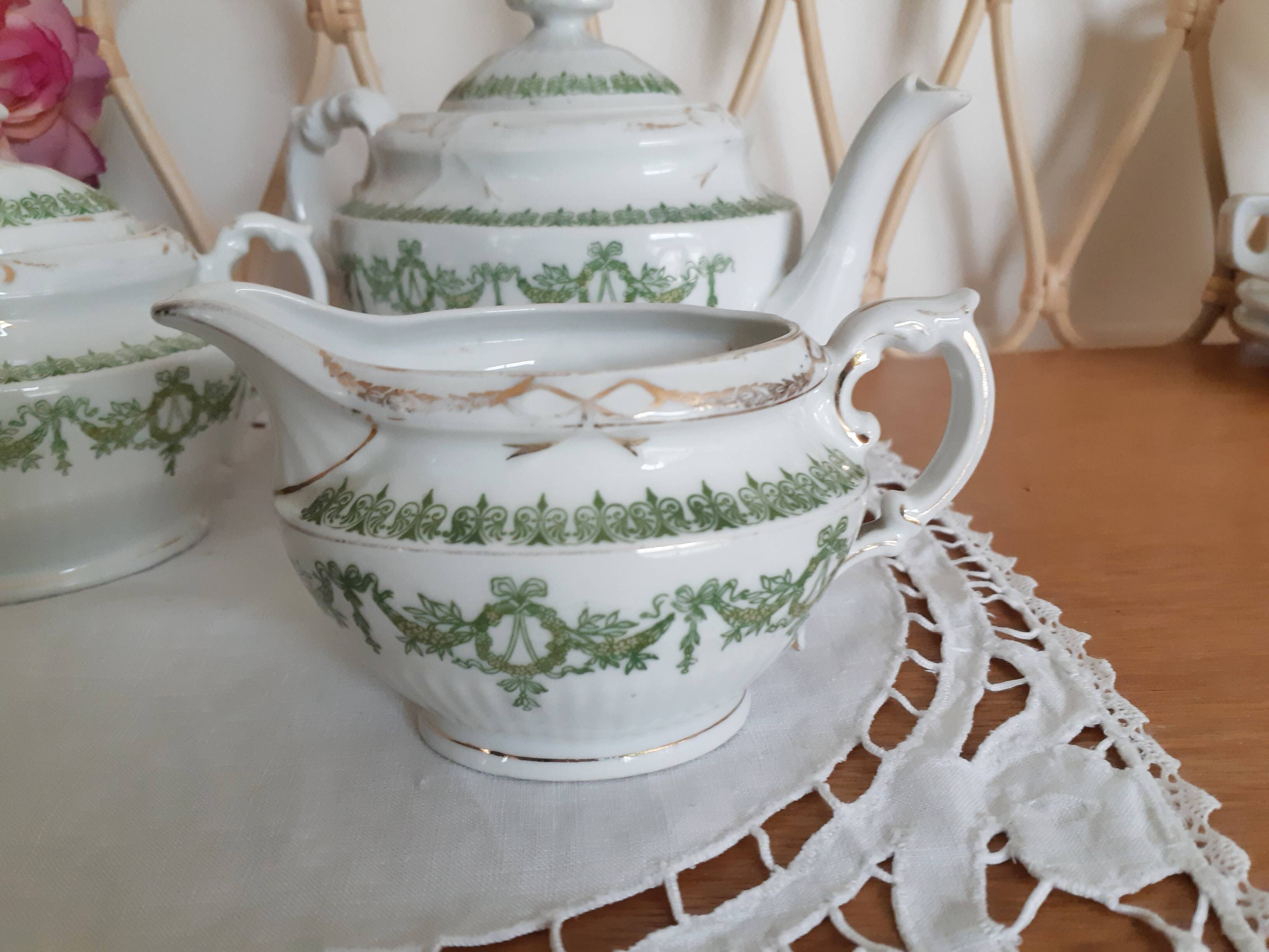 English porcelain tea set, green and gold, antique