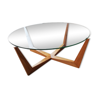 Vintage round coffee table walnut and glass