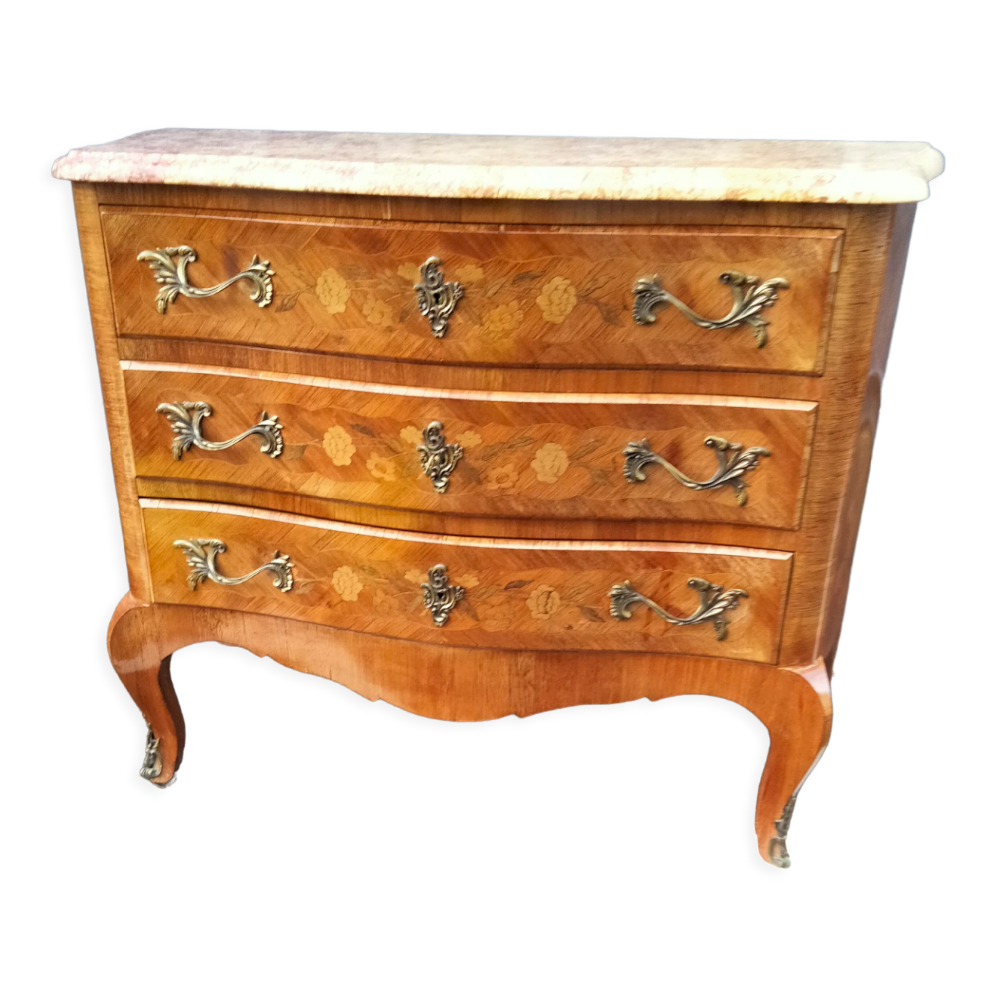 Chest of drawers old marquetry marble top Louis XV style