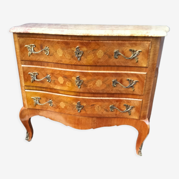 Chest of drawers old marquetry marble top Louis XV style