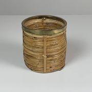 Set of 5 rattan pencil reed and brass plant holder baskets, Italy 1970s