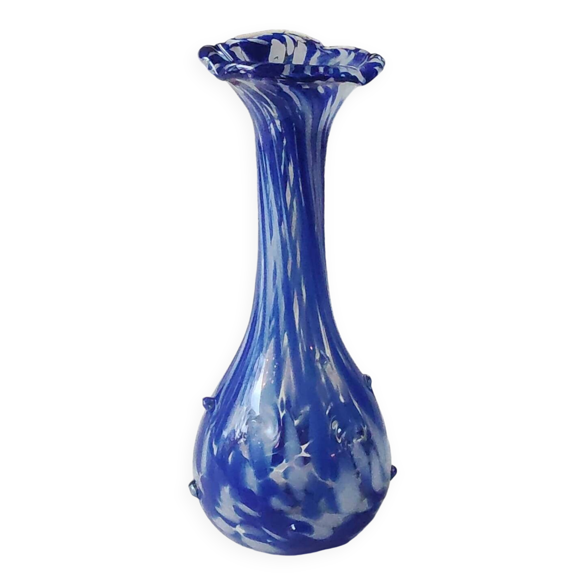 Murano style floral vase. Corolla neck, speckled cobalt blue & white. Dim 24 x 10 cm