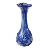 Murano style floral vase. Corolla neck, speckled cobalt blue & white. Dim 24 x 10 cm