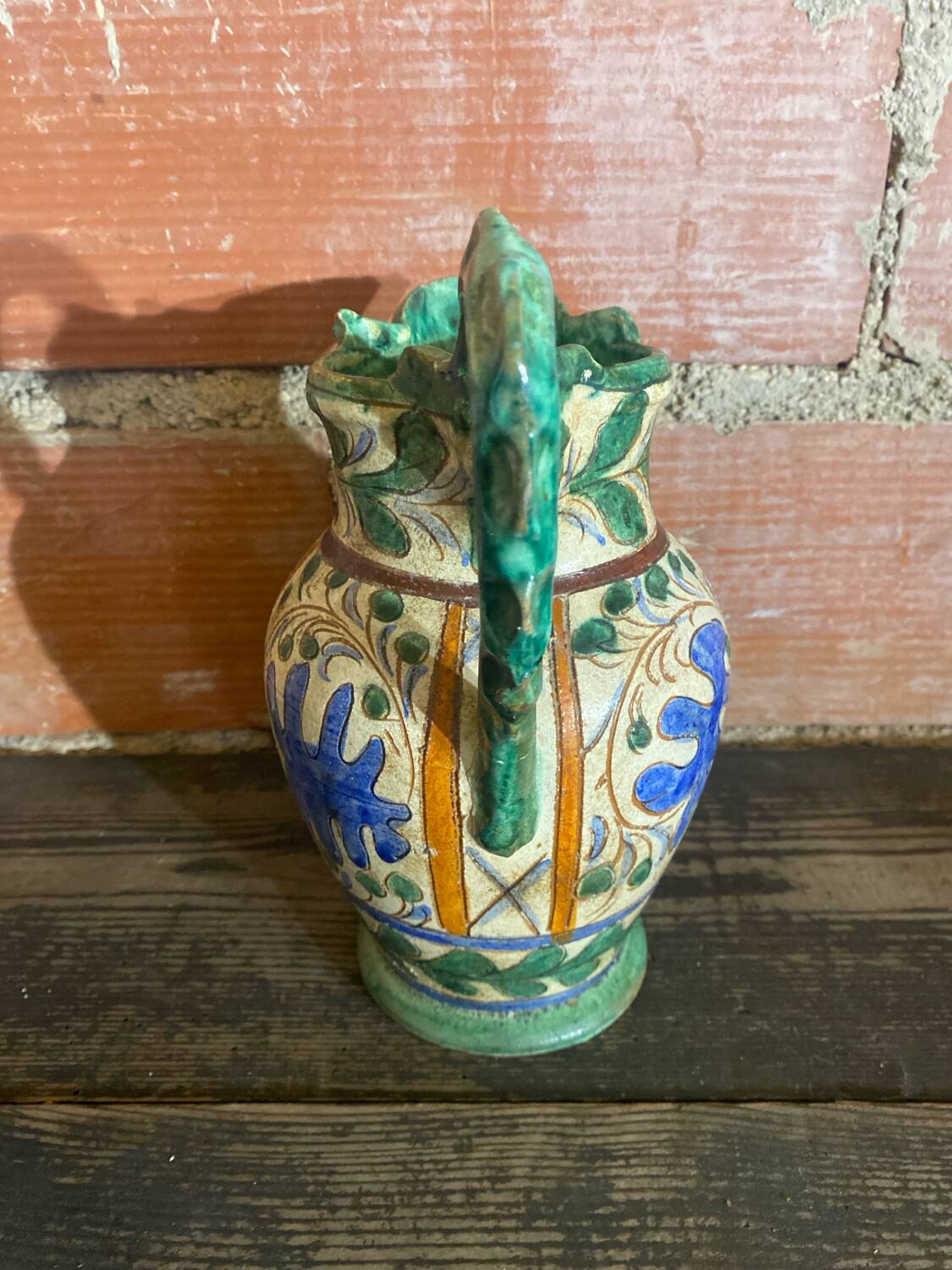 Antique Style Monaco Perugia Ceramic Pitcher with Multicolored Bird Decoration