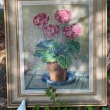 Large oil on coated panel "geraniums"