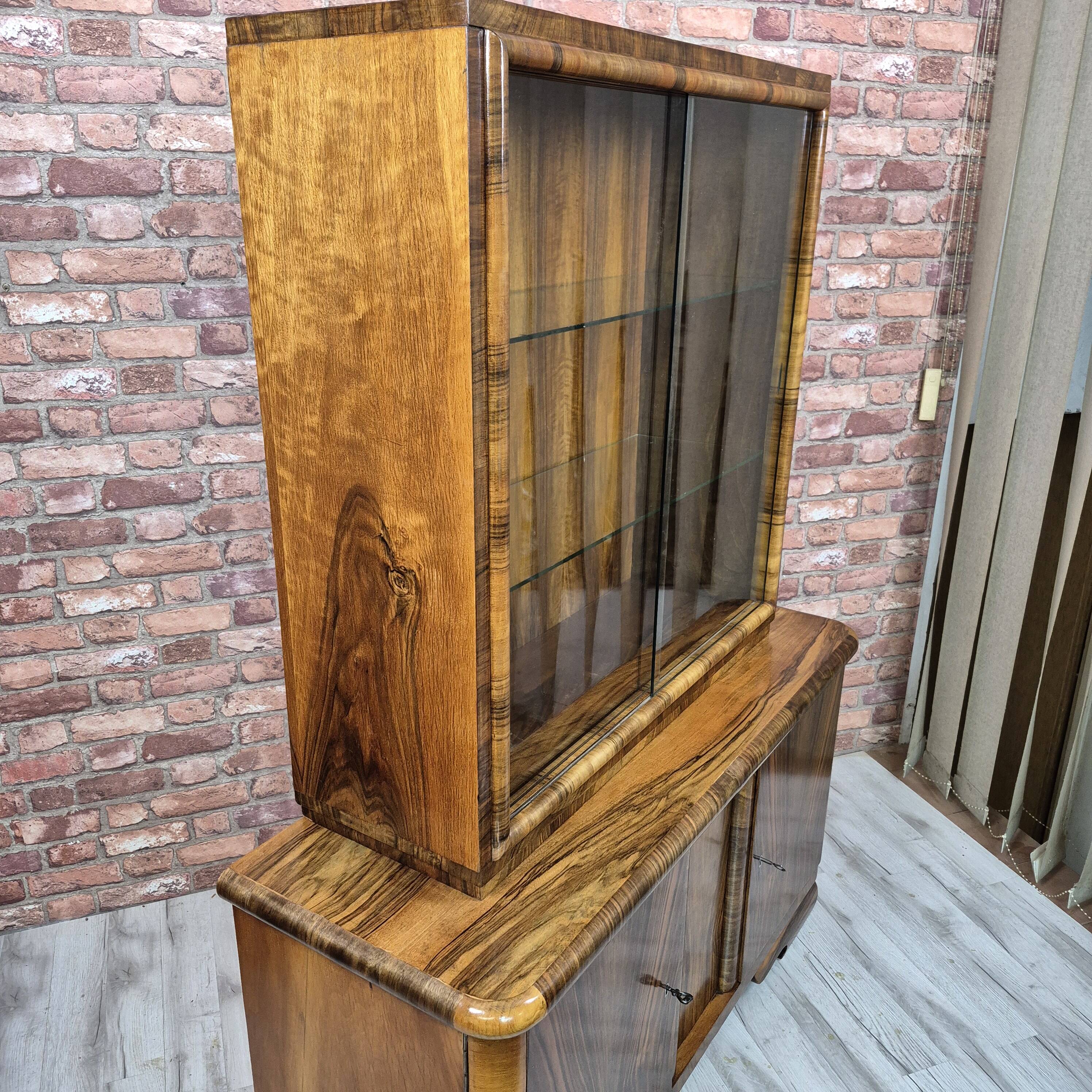 Streamlined Art Deco Walnut Display Cabinet / Sideboard – 1930s / 1940s
