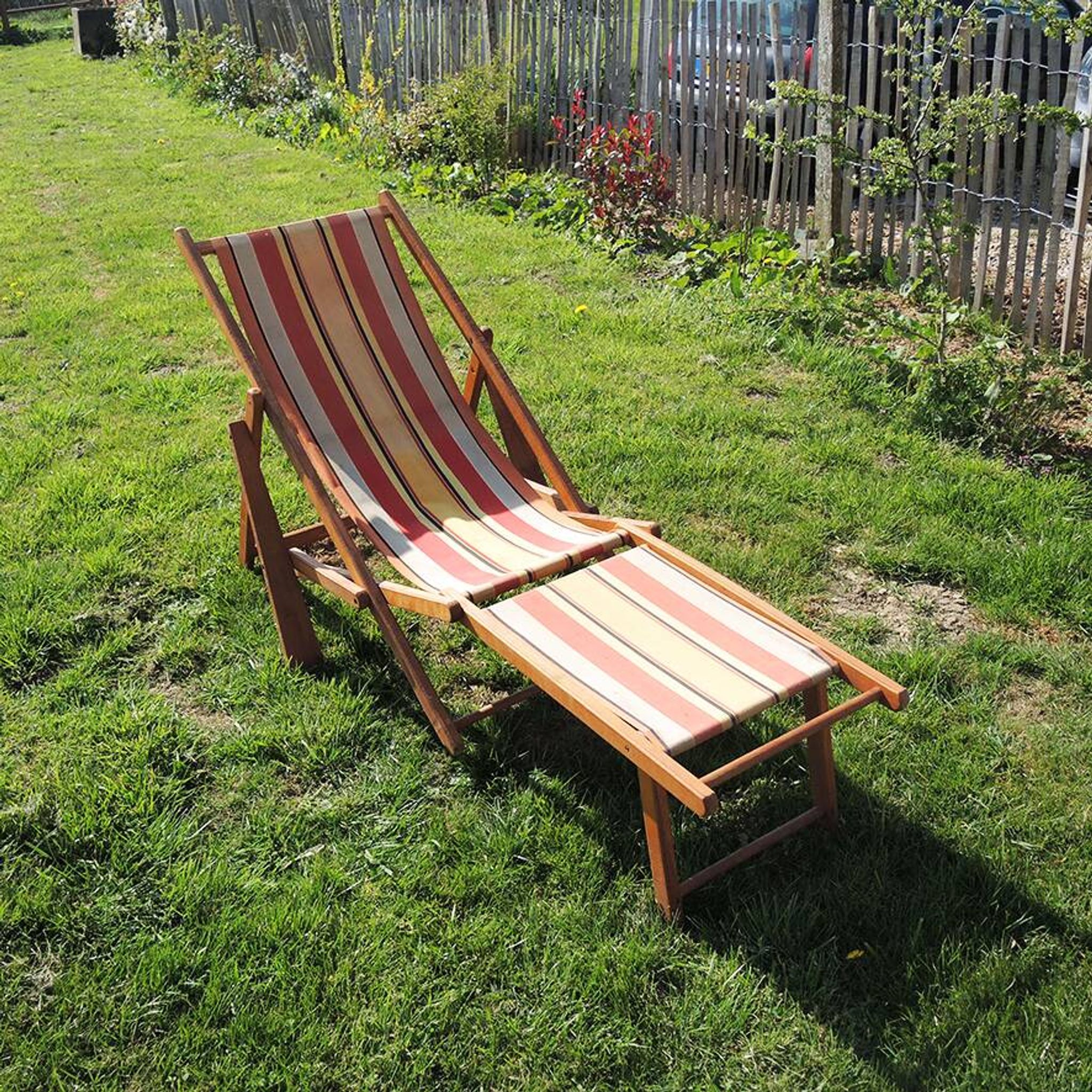 Old Wooden and Bayadere Canvas Deckchair