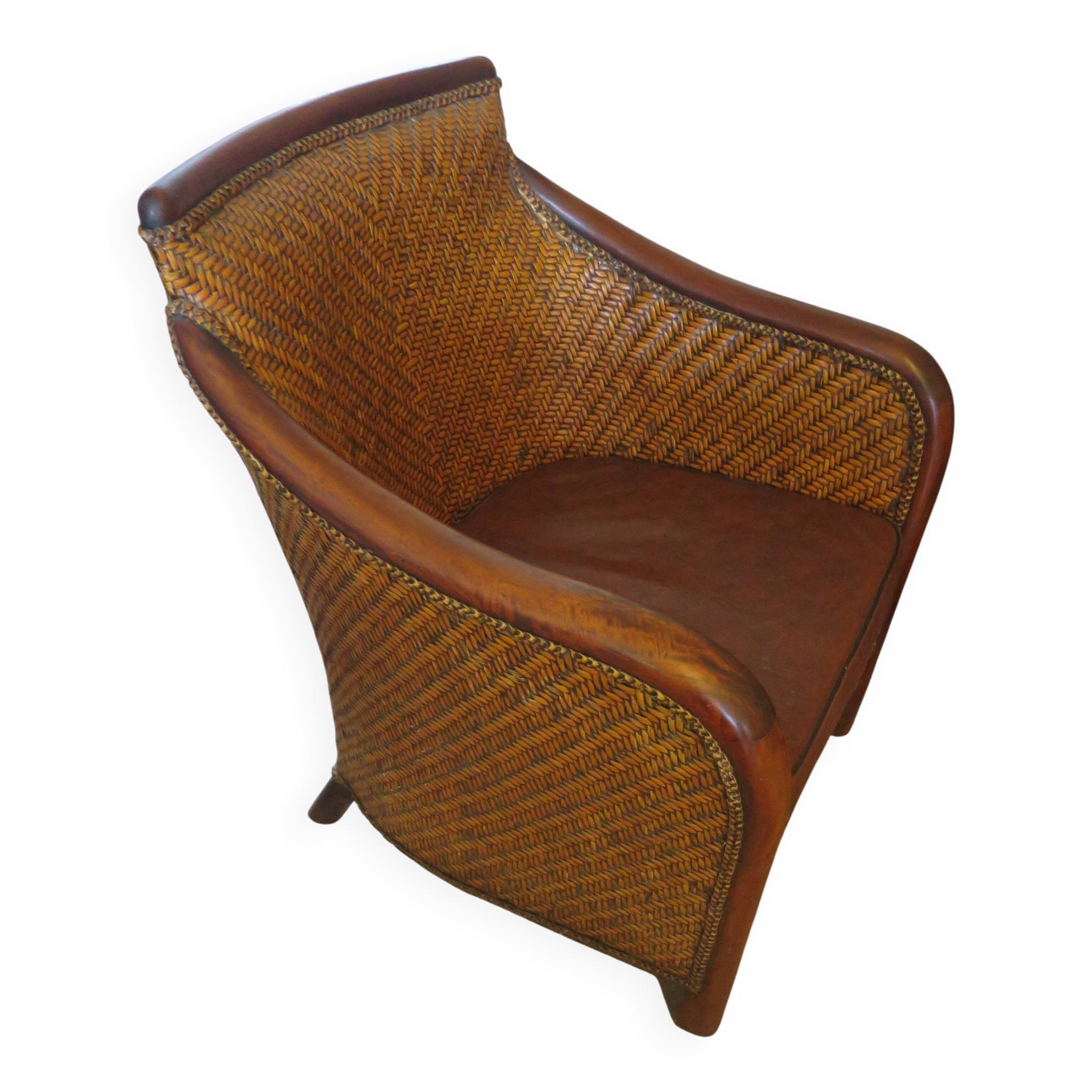 Woven rattan armchair and exotic wood in colonial style, 1980s.