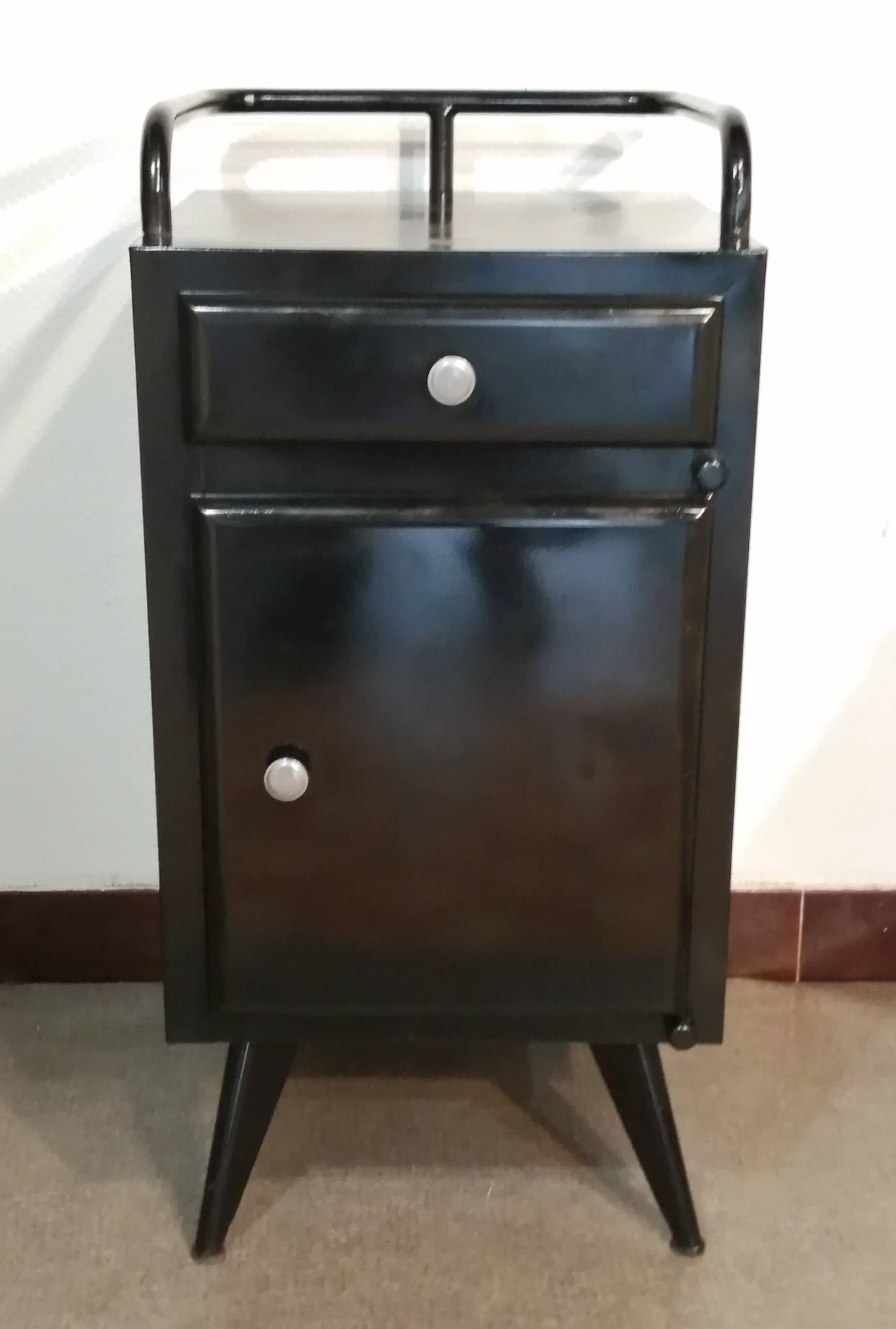 Black hospital/internment bedside table, all metal, compass legs, 1940s industrial.