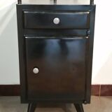 Black hospital/internment bedside table, all metal, compass legs, 1940s industrial.