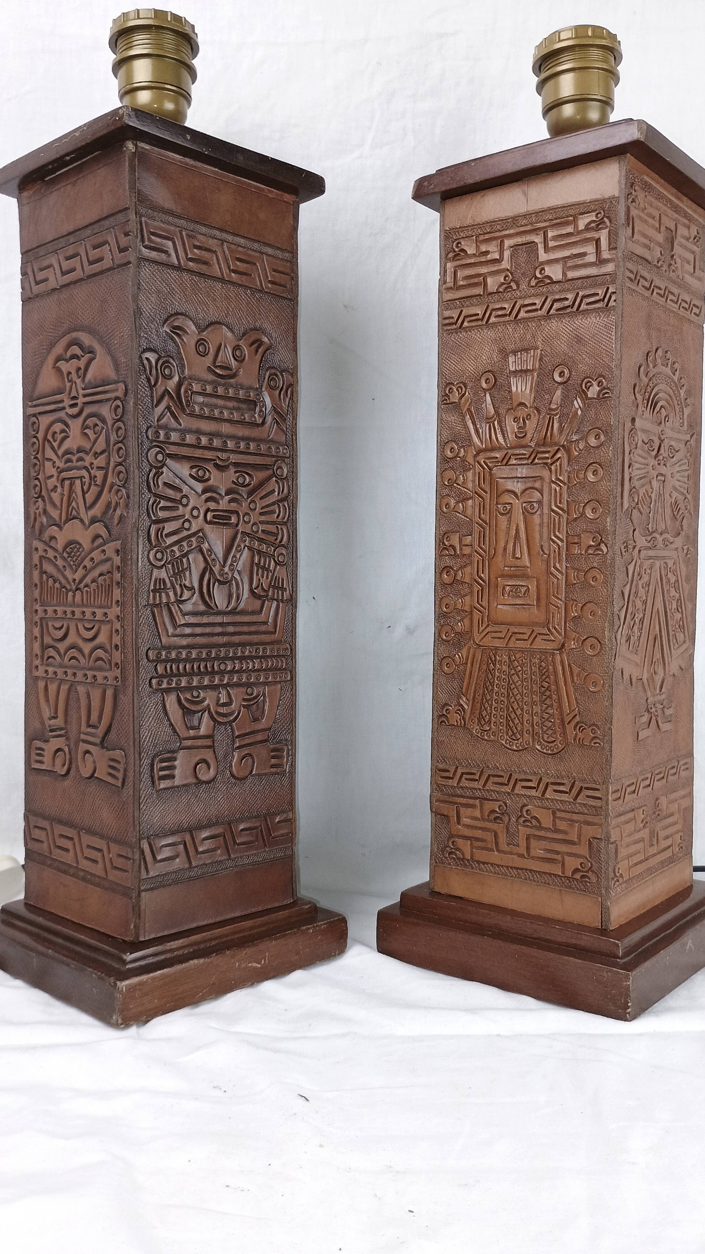 Pair of Kaiser Leuchten Totem Lamps in Vintage Aztec Inca or Mayan Leather