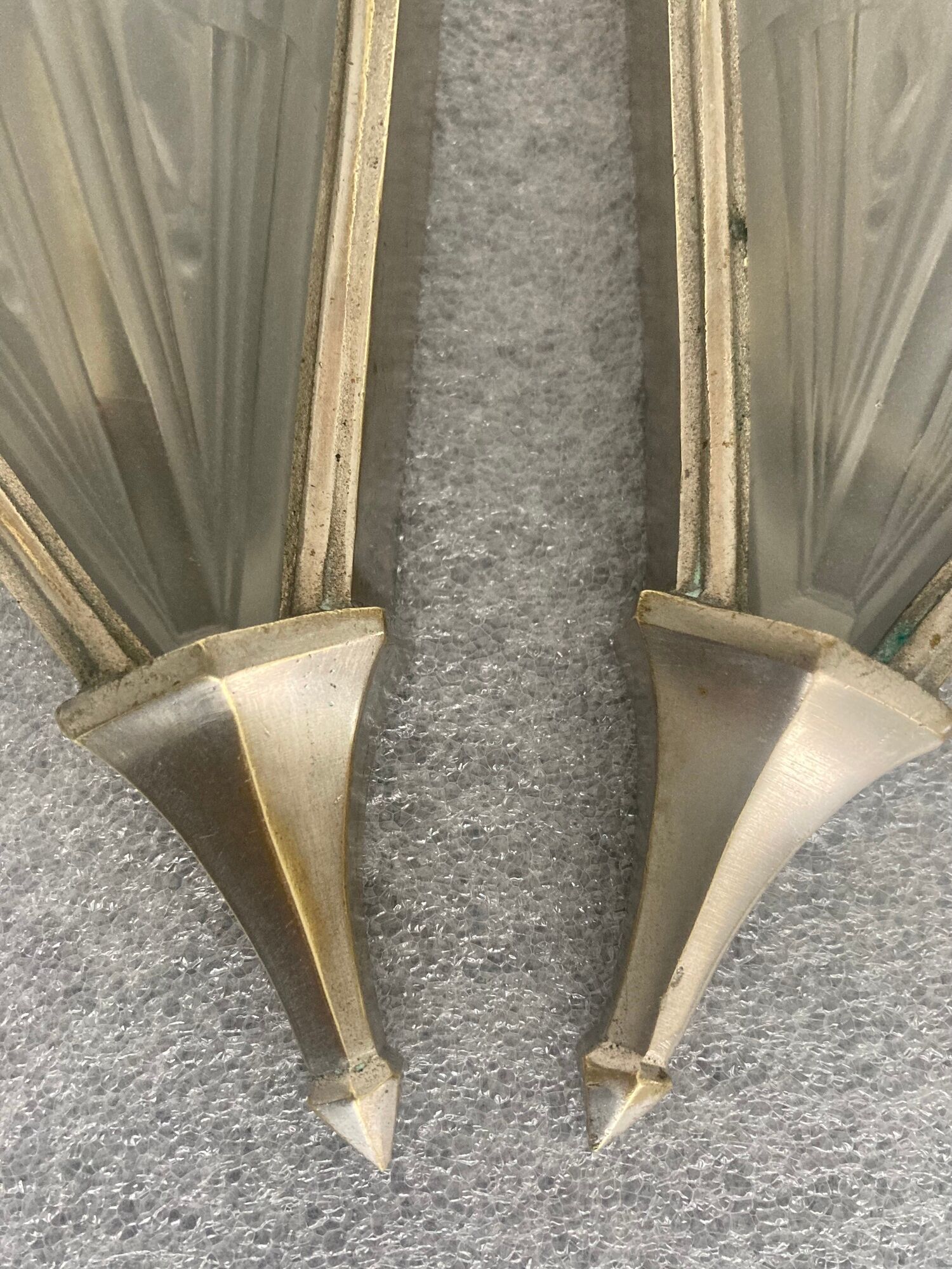 Pair of art deco metal and satin pressed glass sconces