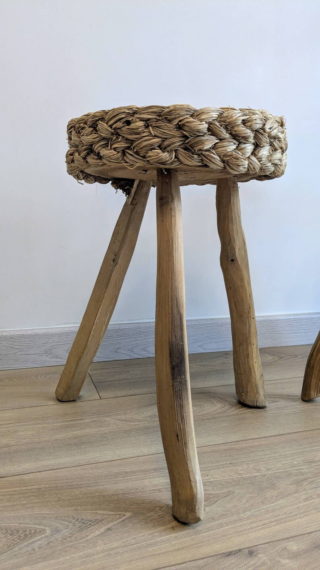 Pair of brutalist tripod stools attributed to Audoux & Minet.