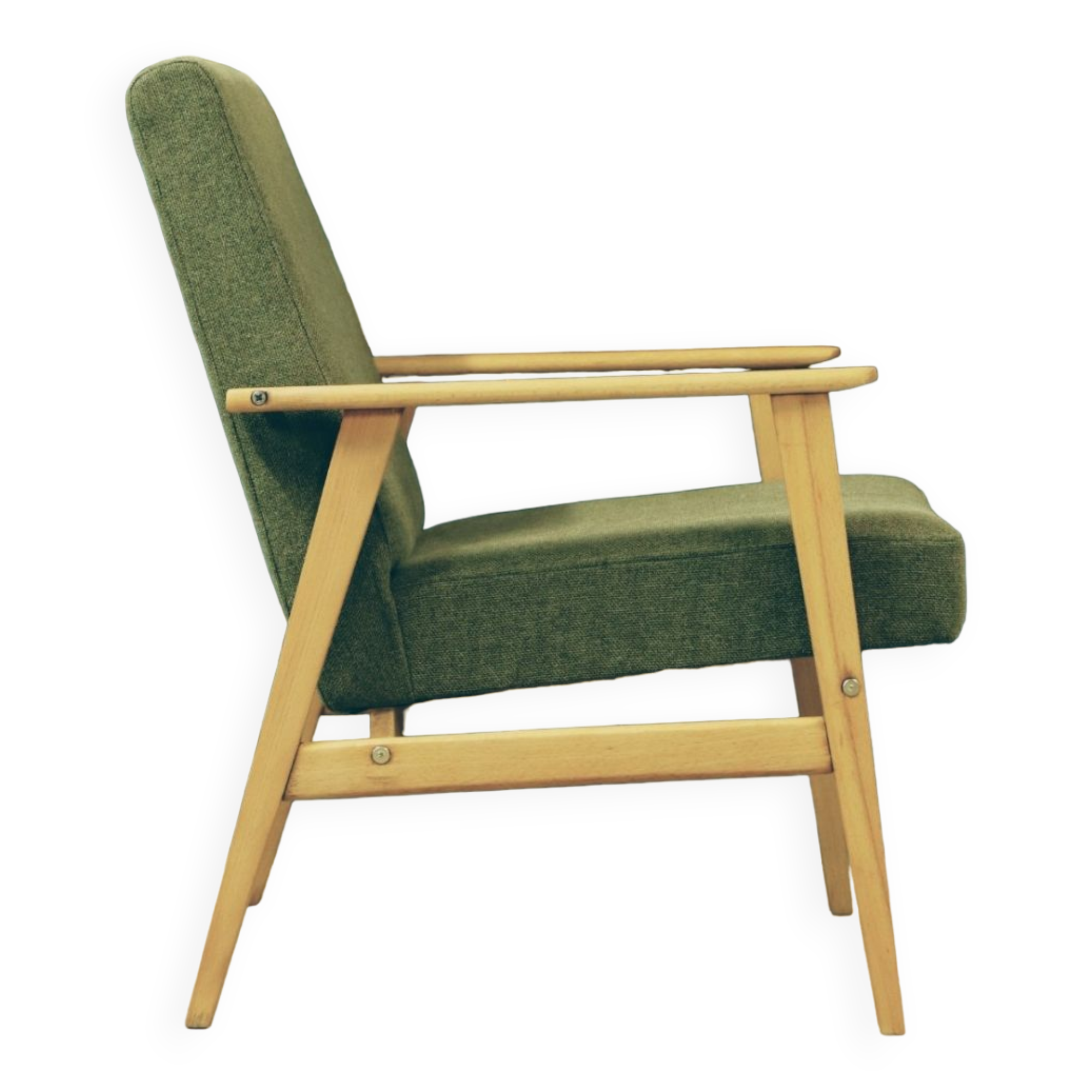 Vintage wood armchair boho green leaf oryginal from Mid century modern 1970 light wood chair salon