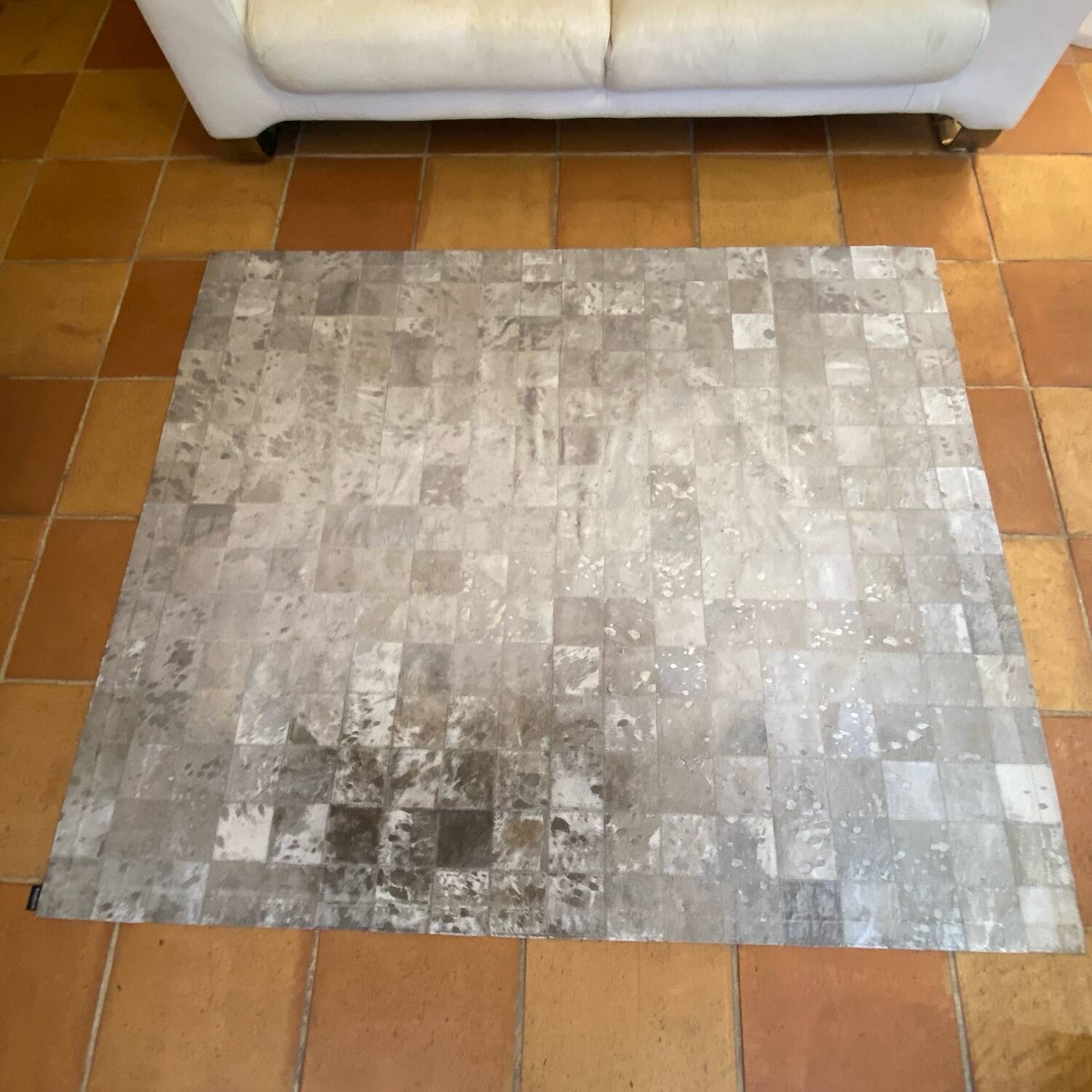 Cowhide rug, silver-grey patchwork