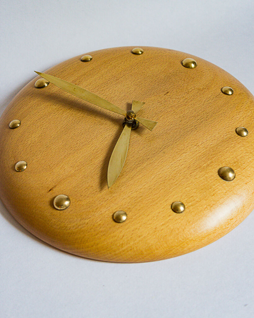 Bliss Alcester England wood and brass wall clock, 1994