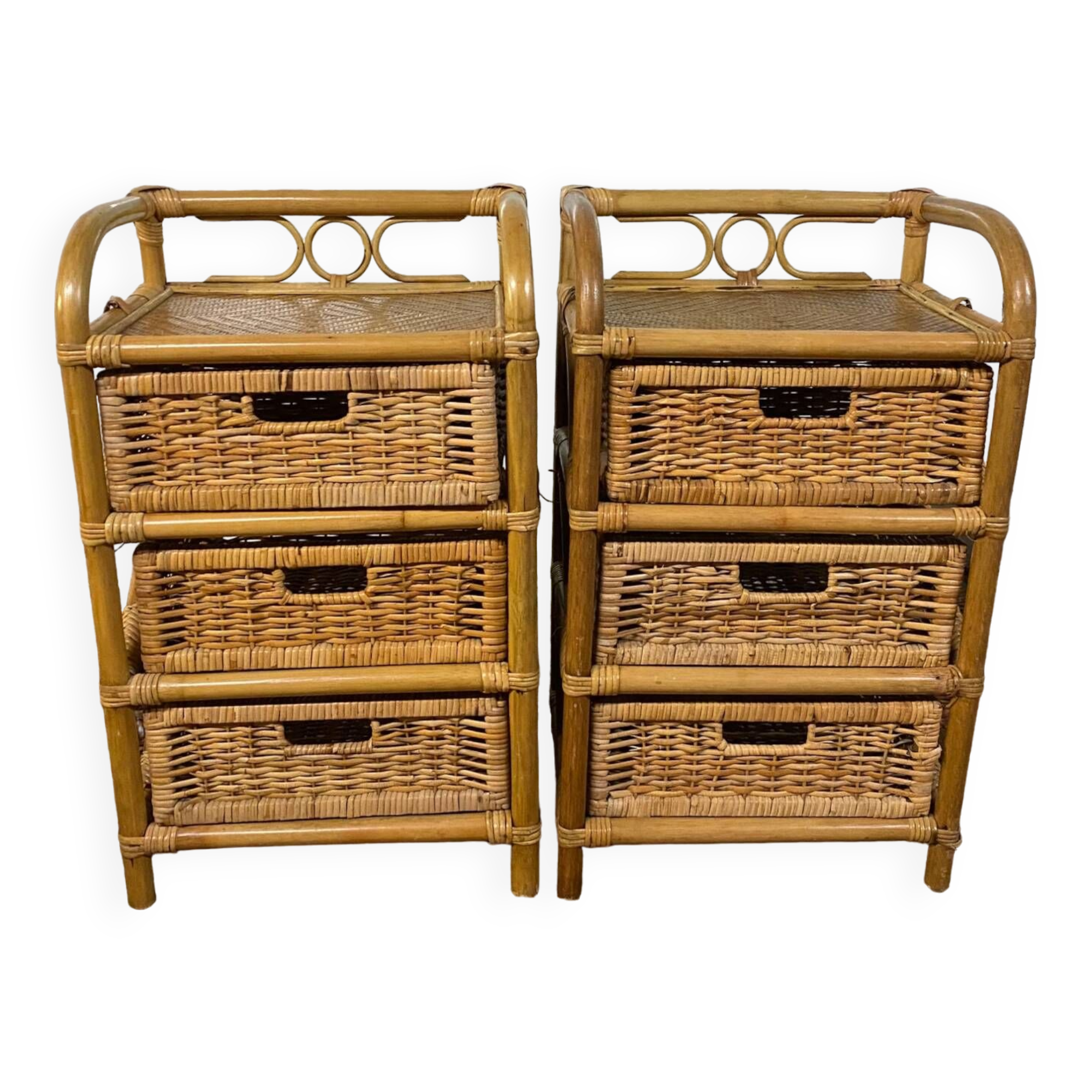 Pair of vintage rattan bedside tables from the 70s