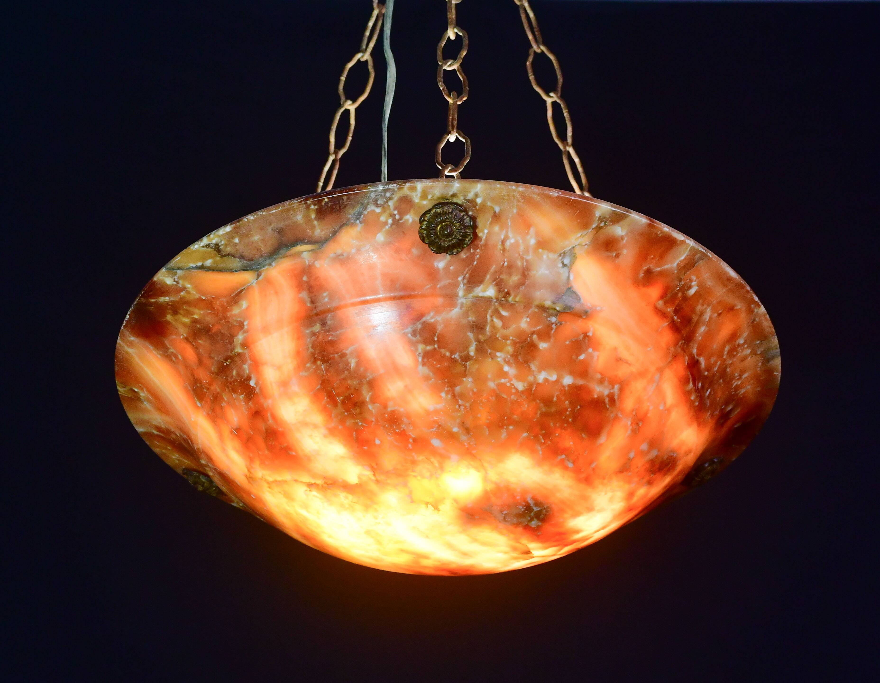Art Deco great design orange alabaster chandelier, 1940s