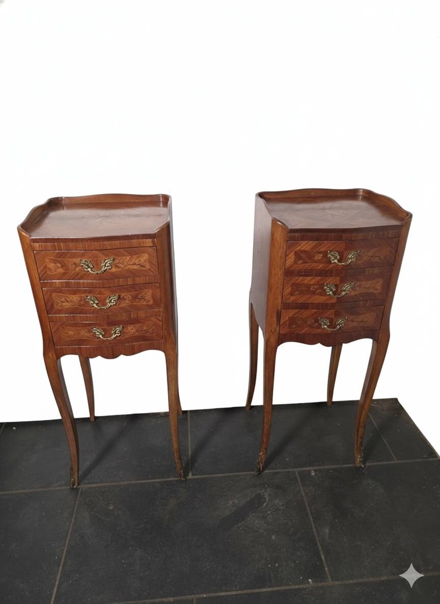 Pair of Louis XV style bedside tables in marquetry.