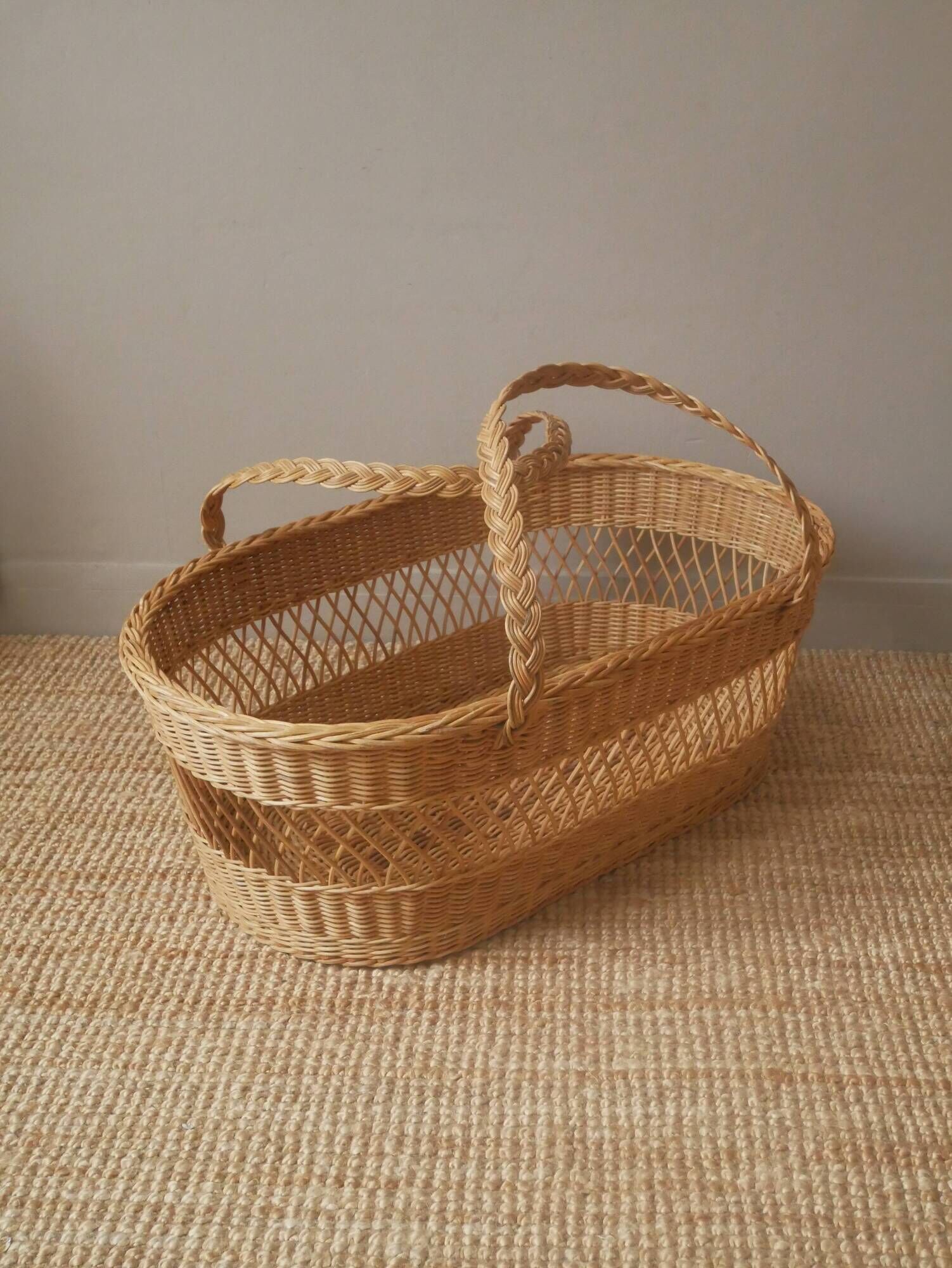 Vintage Moses cradle basket woven wicker handcrafted Scandinavian decoration rattan
