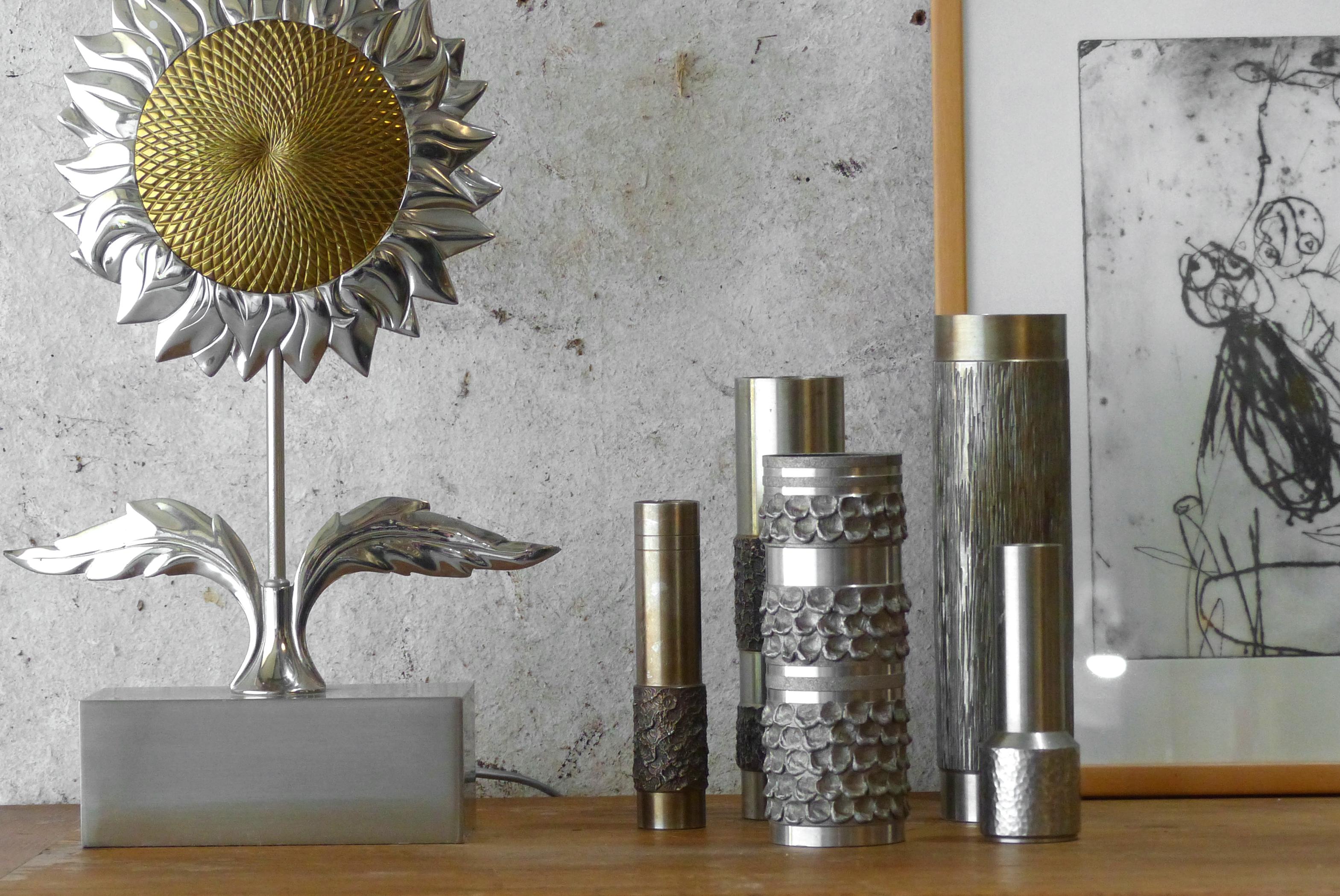 Set of 5 brutalist steel vases