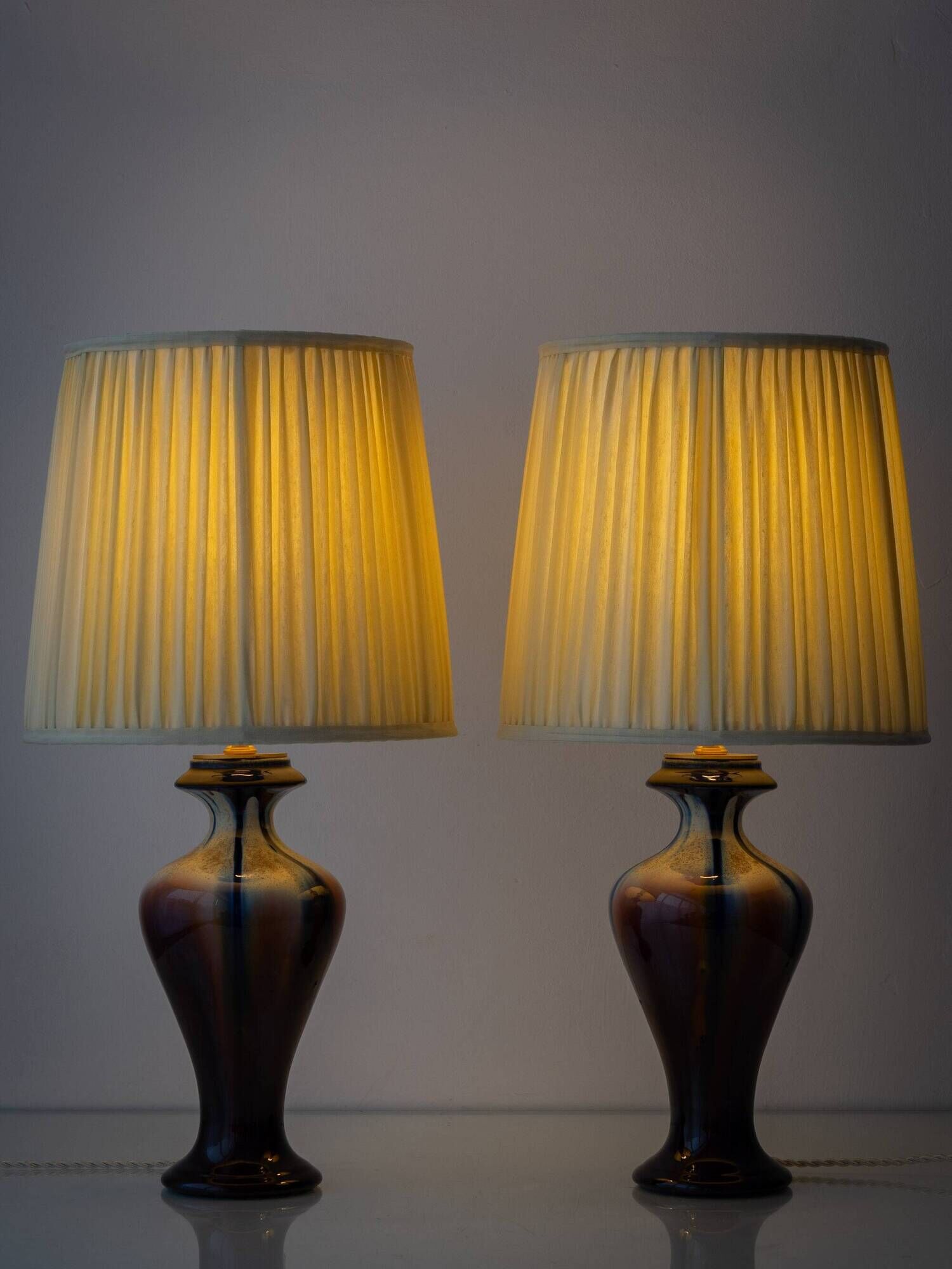 Pair of Art Deco Ceramic Table Lamps, Flambé Glaze, Belgium, 1920s, New Lampshades