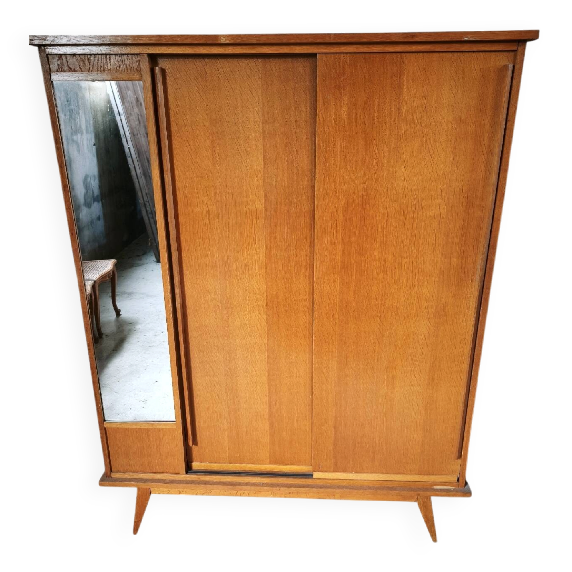 Vintage Scandinavian wardrobe, tapered legs, sliding door.