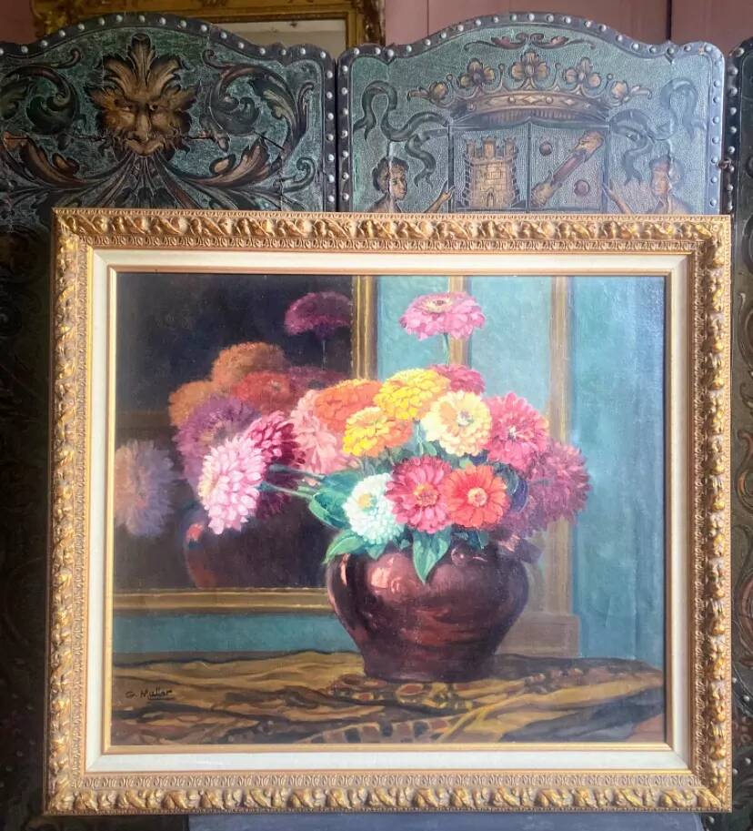 Old painting, oil on canvas "bouquet of dahlias" signed G. Müller, 20th Century School