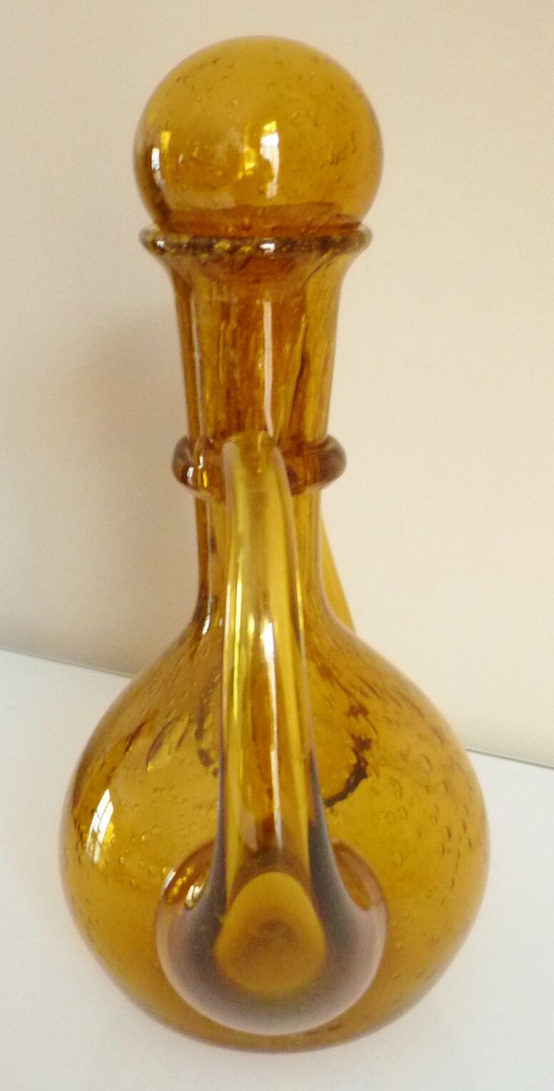 Blown glass carafe from Biot, amber, bubbled, vintage 70s