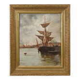Painting "Sailboat on Calm Sea", oil on canvas – late 19th century