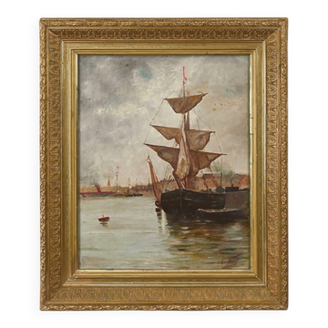 Painting "Sailboat on Calm Sea", oil on canvas – late 19th century