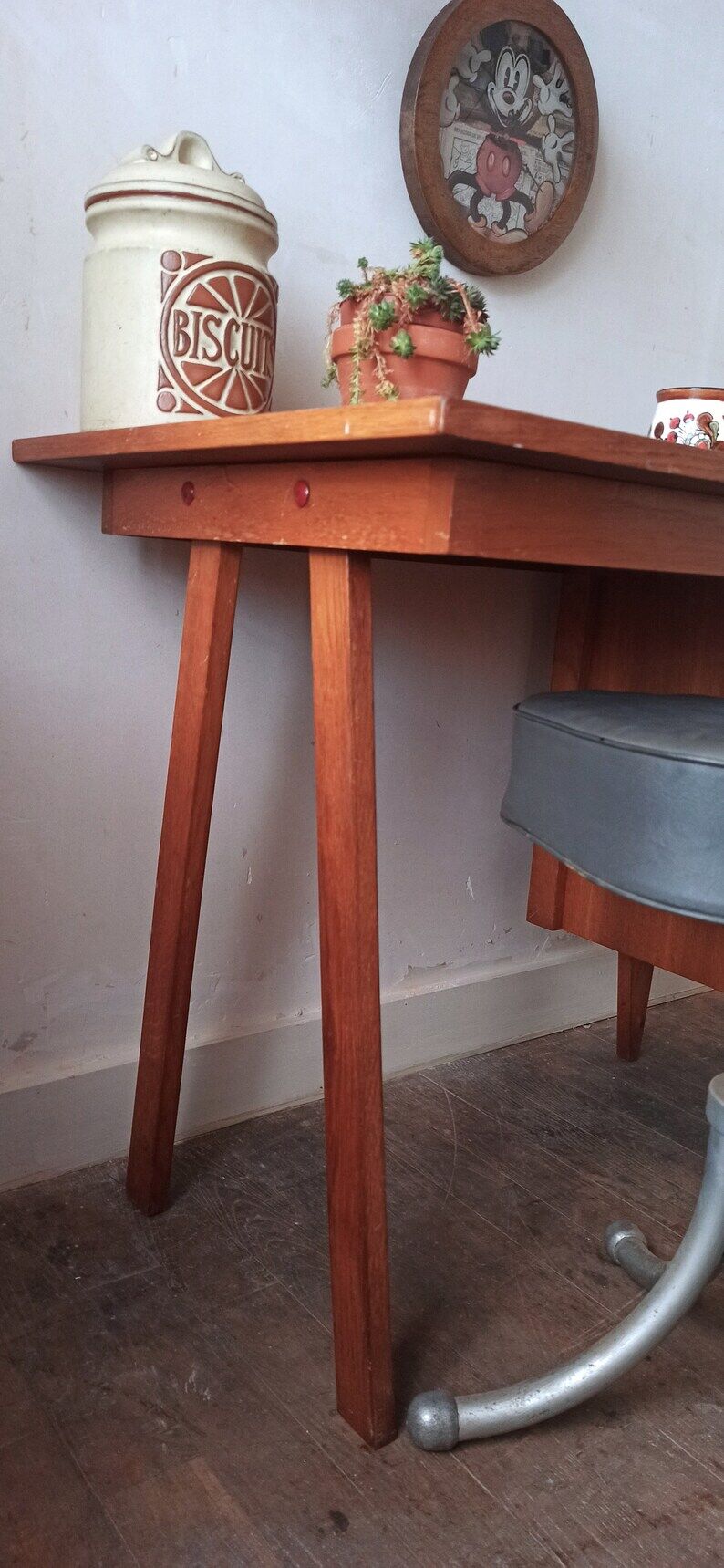 vintage desk with wooden storage drawers