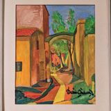 Mid-century modern swedish "the pathway" vintage framed watercolour