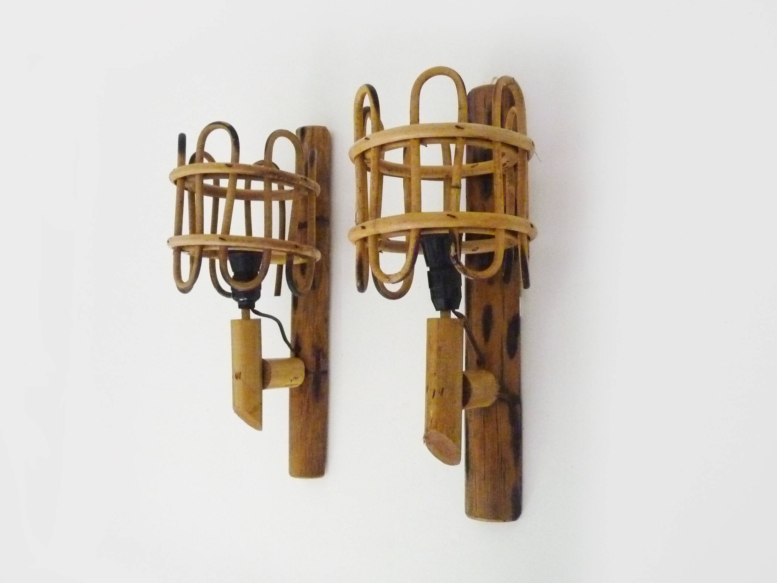 Pair of rattan bamboo lantern wall lights. 1950s-1960s