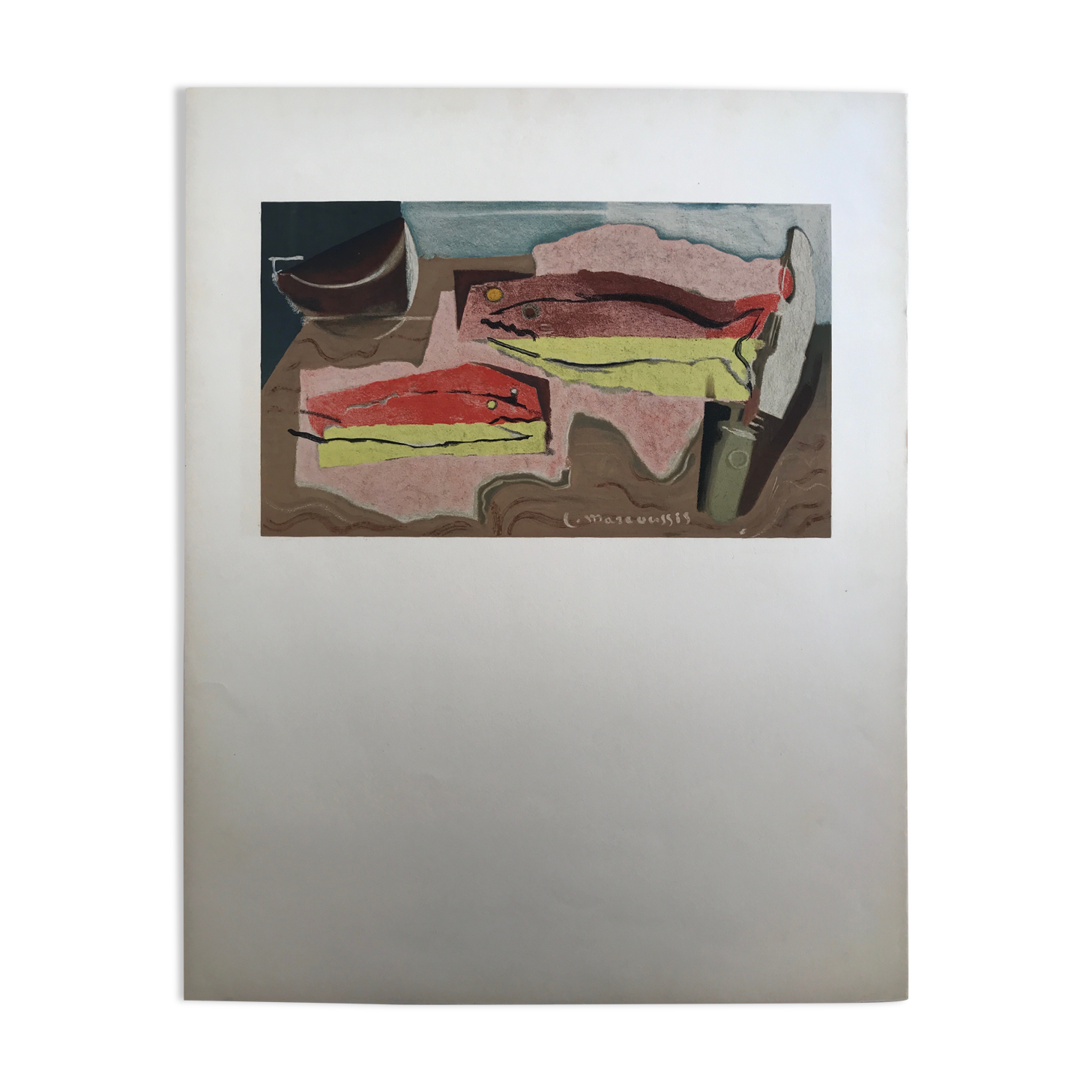 Lithograph by louis marcoussis, still life with fish, 1955